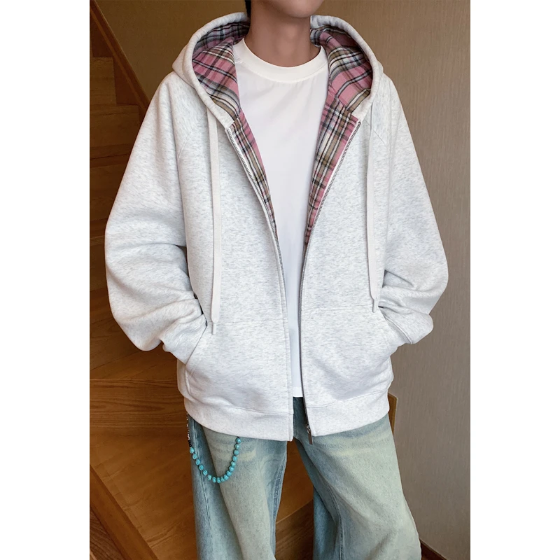 隐匿者休闲连帽卫衣男2025秋季新款港风宽松格子拼接潮流开衫卫衣