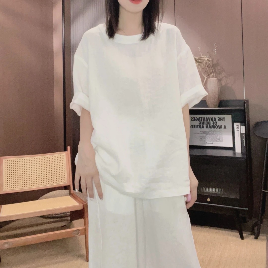 相菲原创一【T恤】夏季新款100亚麻纯色T恤 韩系宽松慵懒风舒适圆领