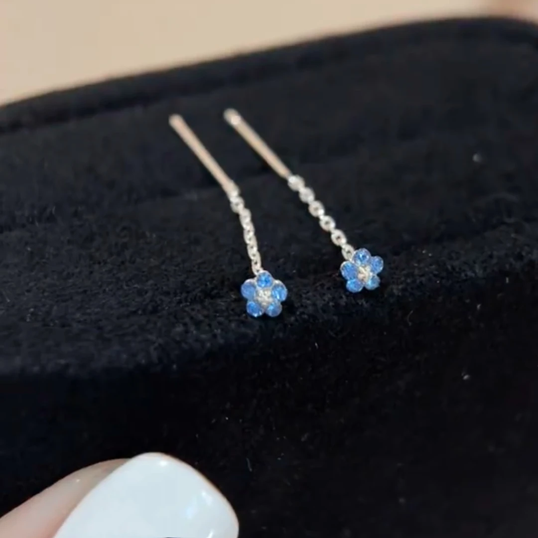 925银针蓝色水晶花朵流苏耳线精致小巧百搭耳环气质超仙甜美耳饰