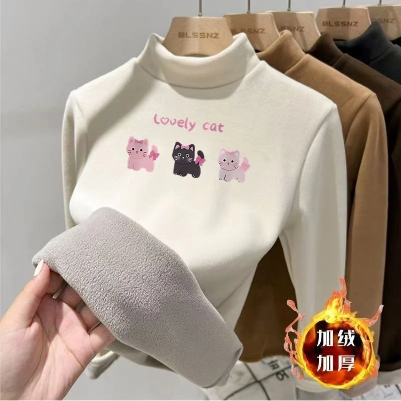 中大童半高领加绒加厚儿童卫衣2025新款一体绒保暖印花上衣打底衫