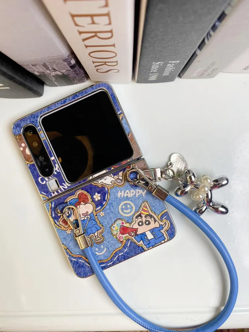 烫金可爱小新折叠屏手机壳手提斜挎适用华为puraX挂银色小狗可爱