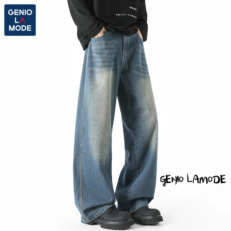 GENIO LAMODE复古牛仔裤子男女款春夏季宽松水洗设计感做旧阔腿裤