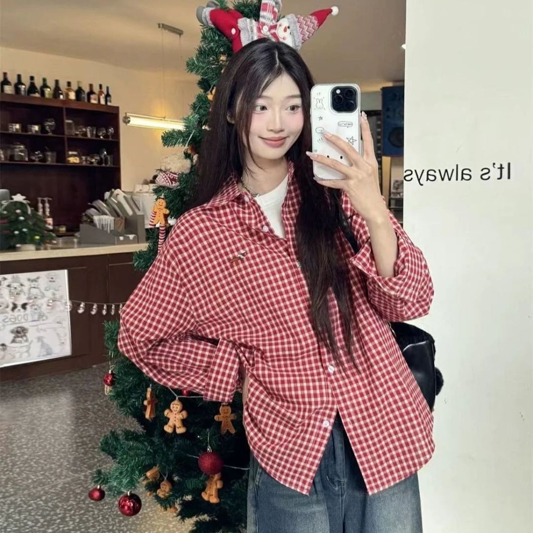 腊肠小狗刺绣格子衬衫女春秋2025新款韩系慵懒格纹外套小个子上衣