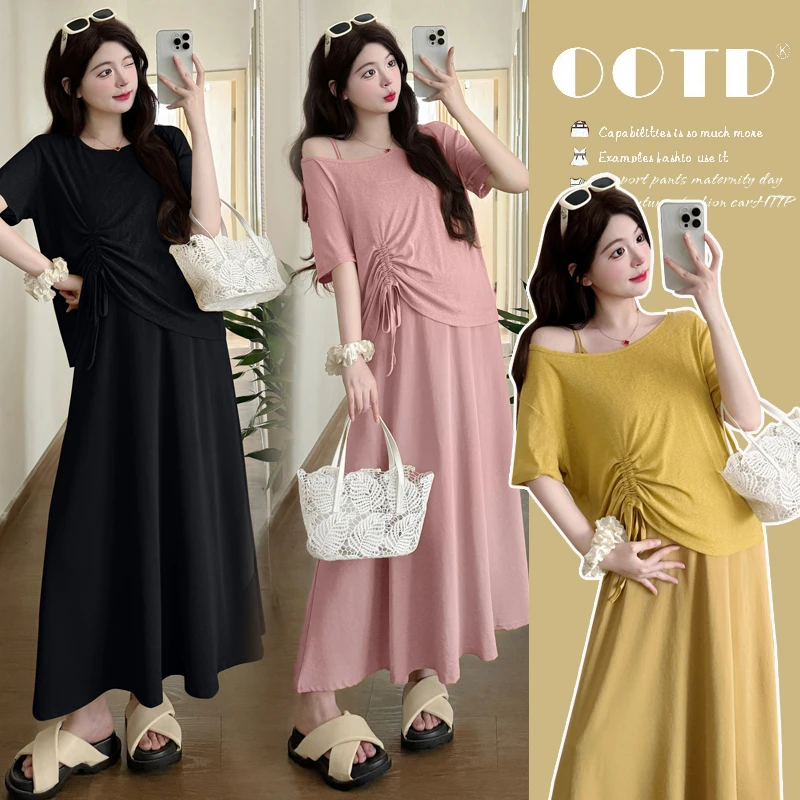 【小清家】2025新款夏天孕妇装套装韩版时尚连衣裙两件套大码女遮肚