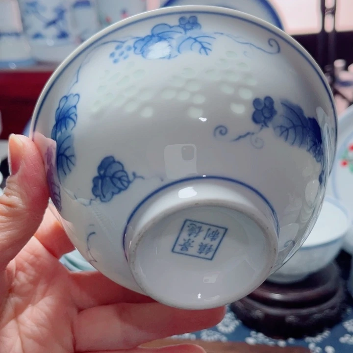 青花玲珑5寸饭碗葡萄