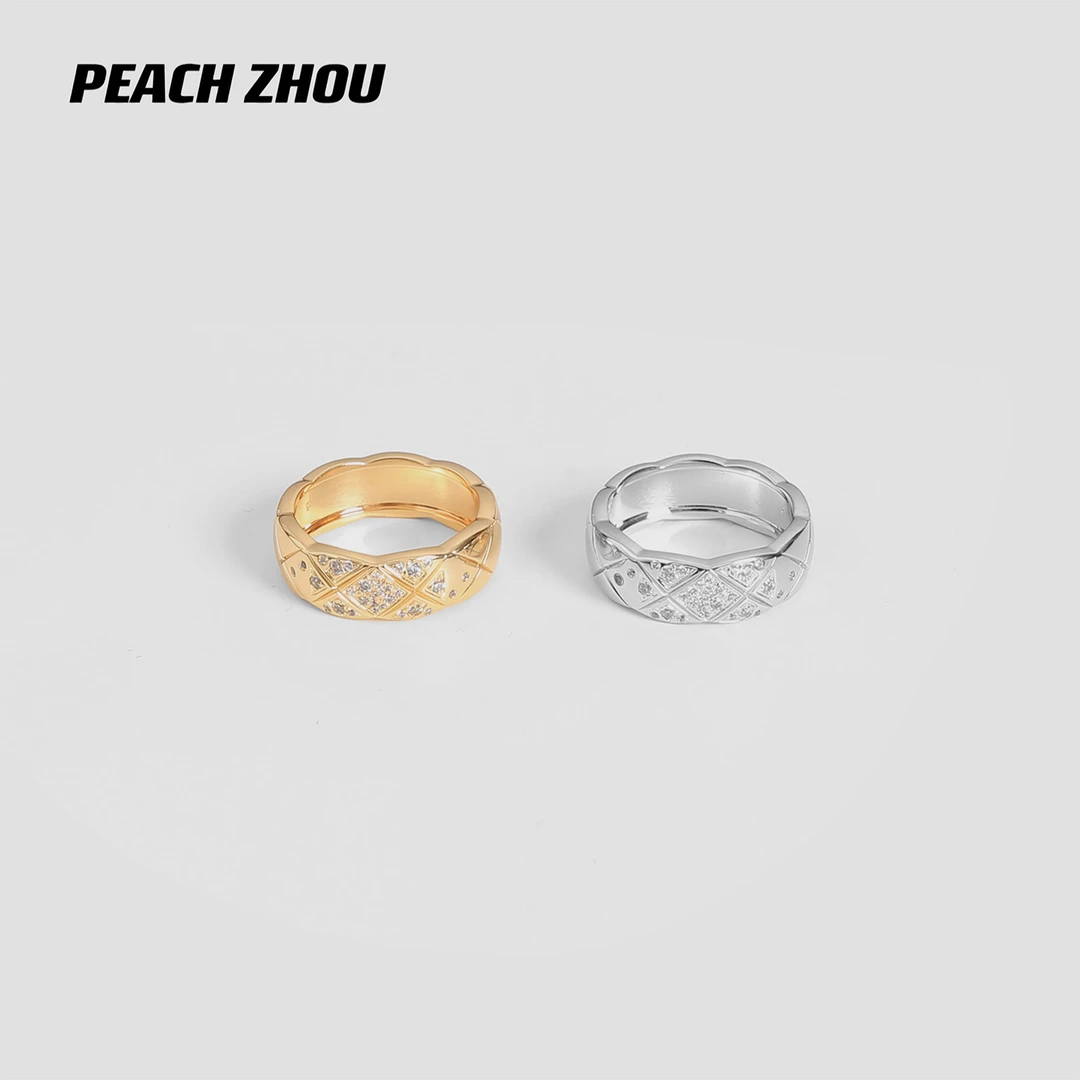 黄铜戒指 『PEACHZHOU』CNC精雕菱格小香风宽版戒指不掉色电镀指环