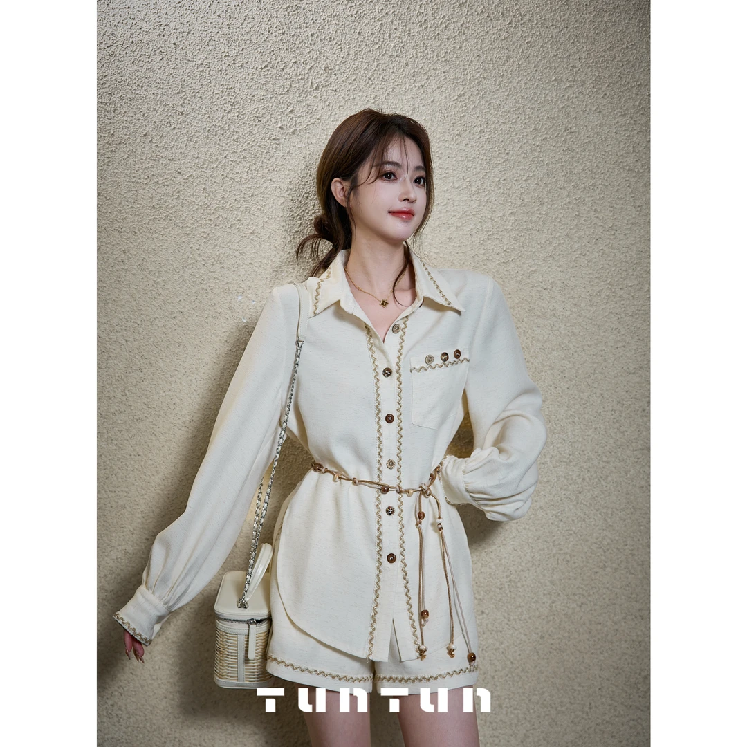 吞吞TUNT【生活美学家】休闲老钱 精致织带仿麻感衬衫套装