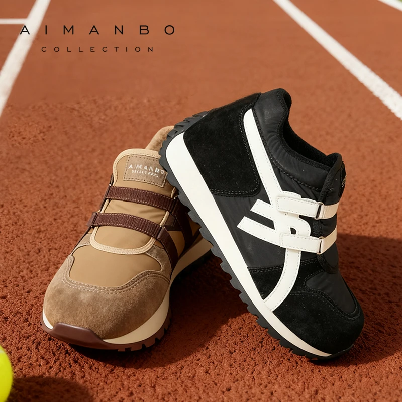 漫步佳人2025冬季新品拼色轻便休闲时尚德训鞋舒适轻快加绒鞋女鞋