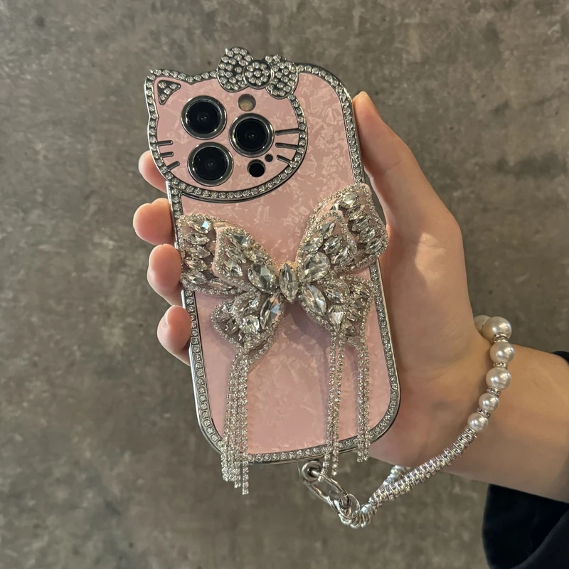 KT猫电镀水钻粉色满钻蝴蝶适用新款苹果16pro手机壳女款15p14p13p