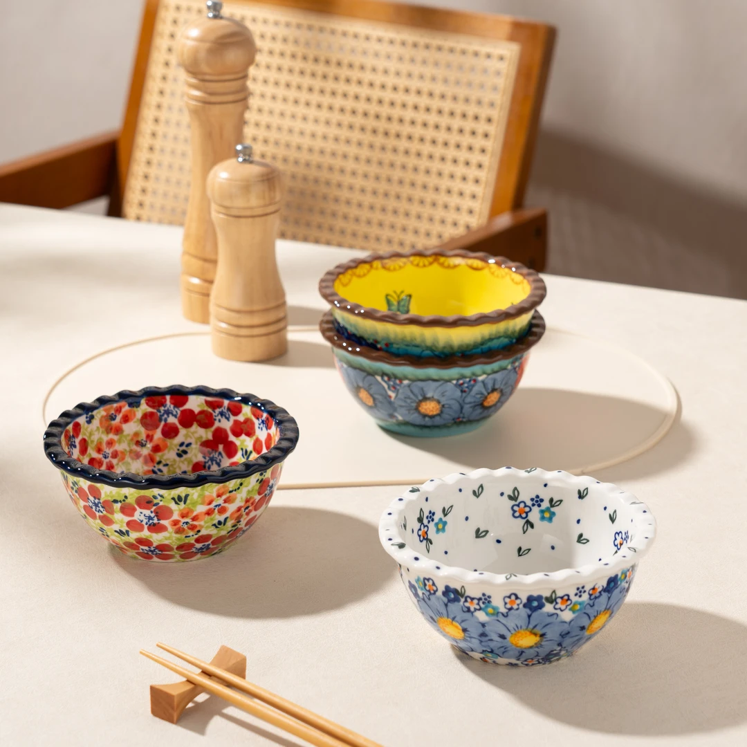 新疆包邮【四色花边米饭碗】手绘家用陶瓷砖石边5英寸米饭碗餐具