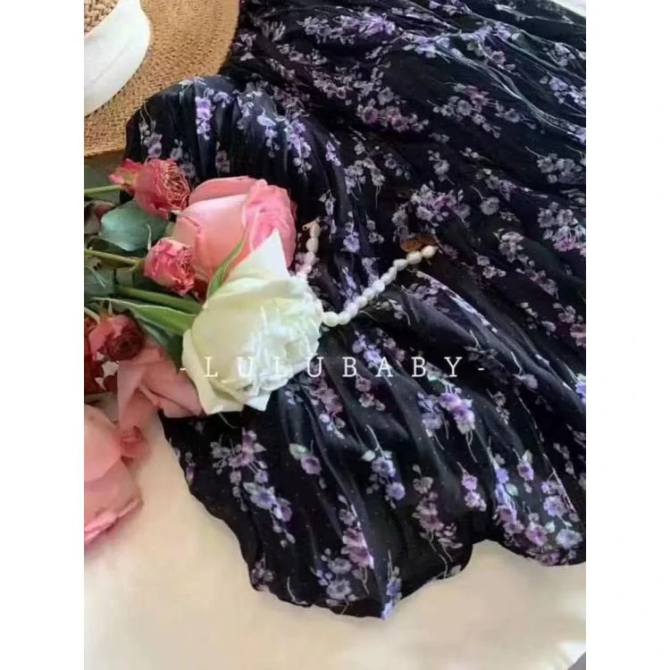 紫藤花】夏日的第一条碎花裙！带内衬百搭黑色半身长裙女