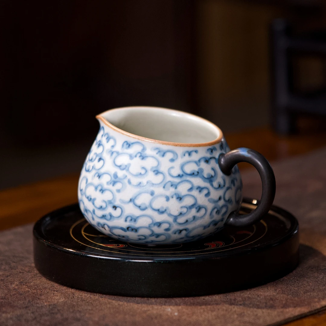 朴云堂带把手祥云牡丹缠枝公道杯手绘青花斗彩公道杯家用茶具