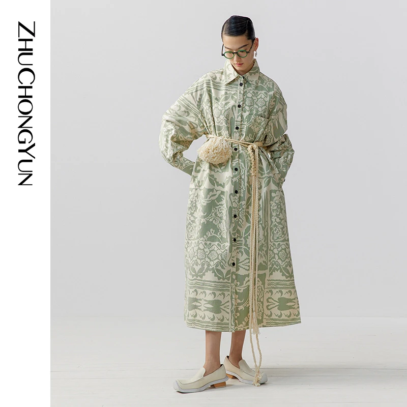 【米儿精选】ZHUCHONGYUN春新款几何繁花系带印花衬衫式连衣裙