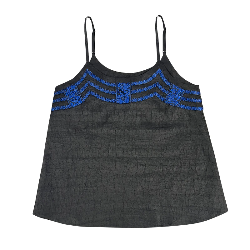 娑尔蝶恋花刺绣香云纱牛仔吊带上衣SJ1SB03559无袖蓝色女士女装