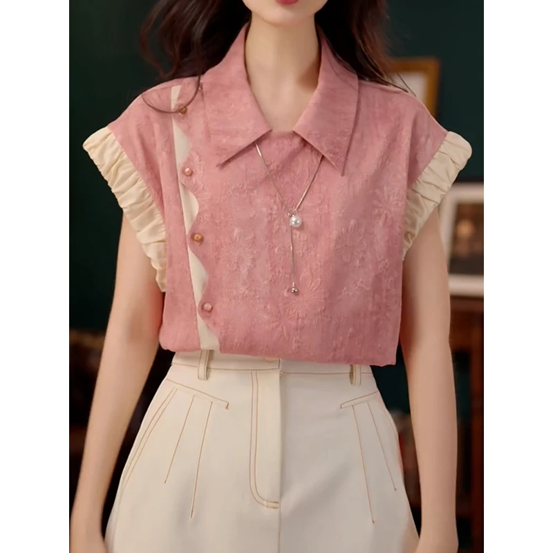 复古港风时尚拼接短袖衬衫女2025夏季新款气质百搭显瘦翻领上衣潮
