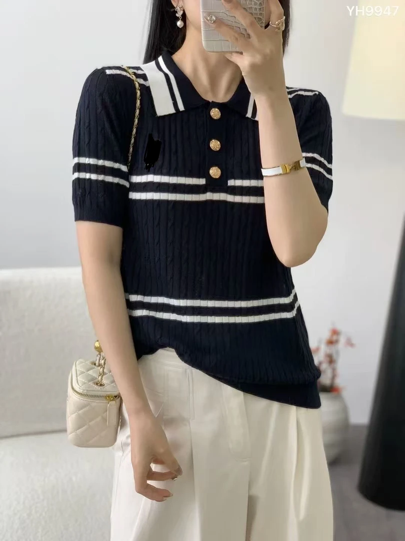YJX轻奢撞色条纹新款短袖t恤针织衫女夏季修身显瘦百搭上衣套头