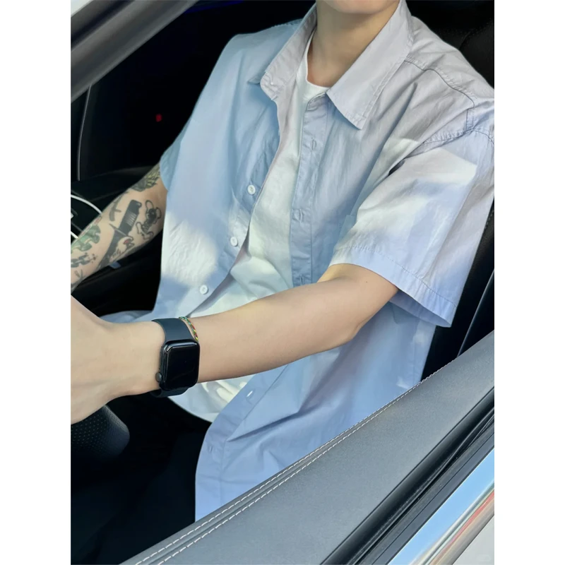 浅蓝色短袖衬衫男夏季薄款少年感穿搭垂感衬衣翻领五分袖工装外套