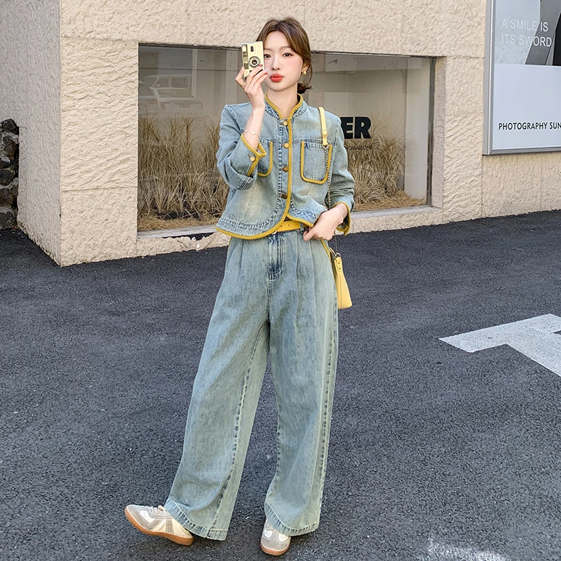 牛仔休闲阔腿裤套装女春季2025新年新款小个设计感上衣百搭两件套