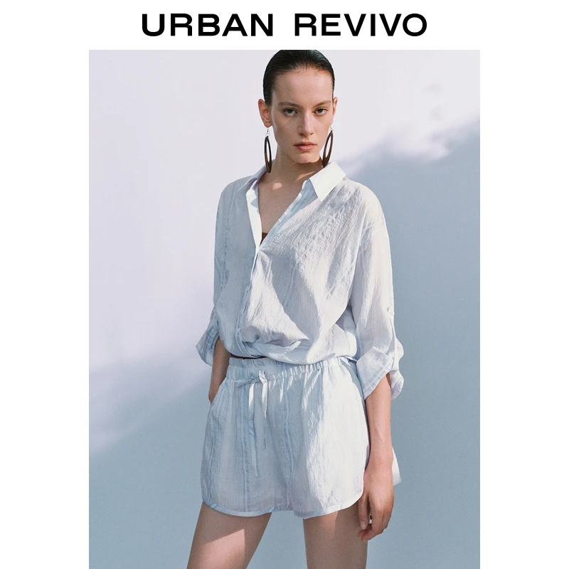 UR2026春季新款女装撞色条纹扭结长袖罩衫衬衫UWH250140