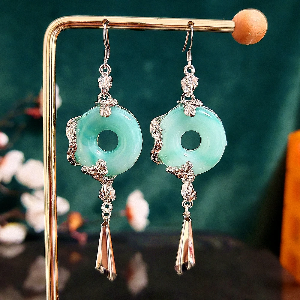 多吉米 合金耳饰 银裹玉轮耳环耳新中式复古配古装汉服旗袍马面裙