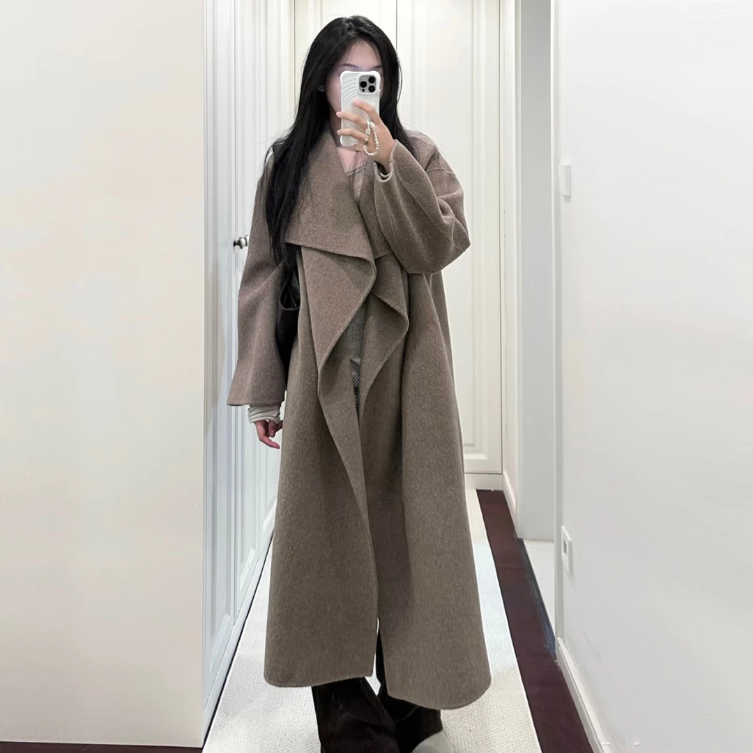 棕咖色大翻领双面呢子大衣女2025秋冬季新款开衫中长款毛呢外套