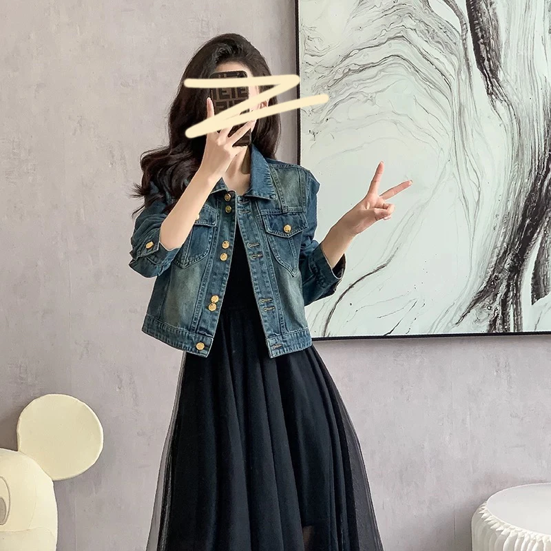 519 美式复古牛仔外套polo领长袖夹克短款时尚外套（T23）