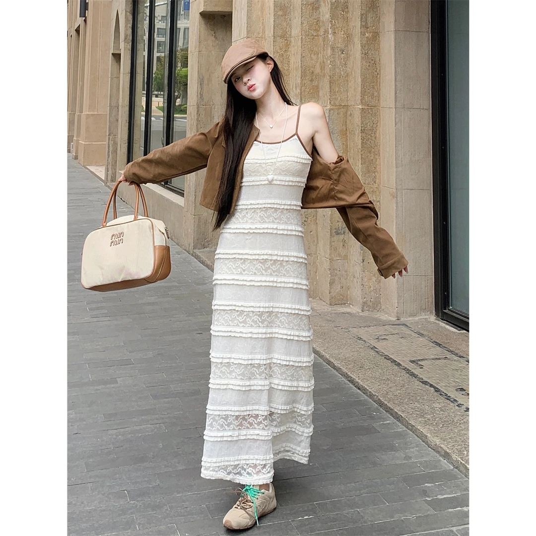 实拍 蕾丝吊带连衣裙女长款外穿优雅显瘦ins超火韩版气质打底裙