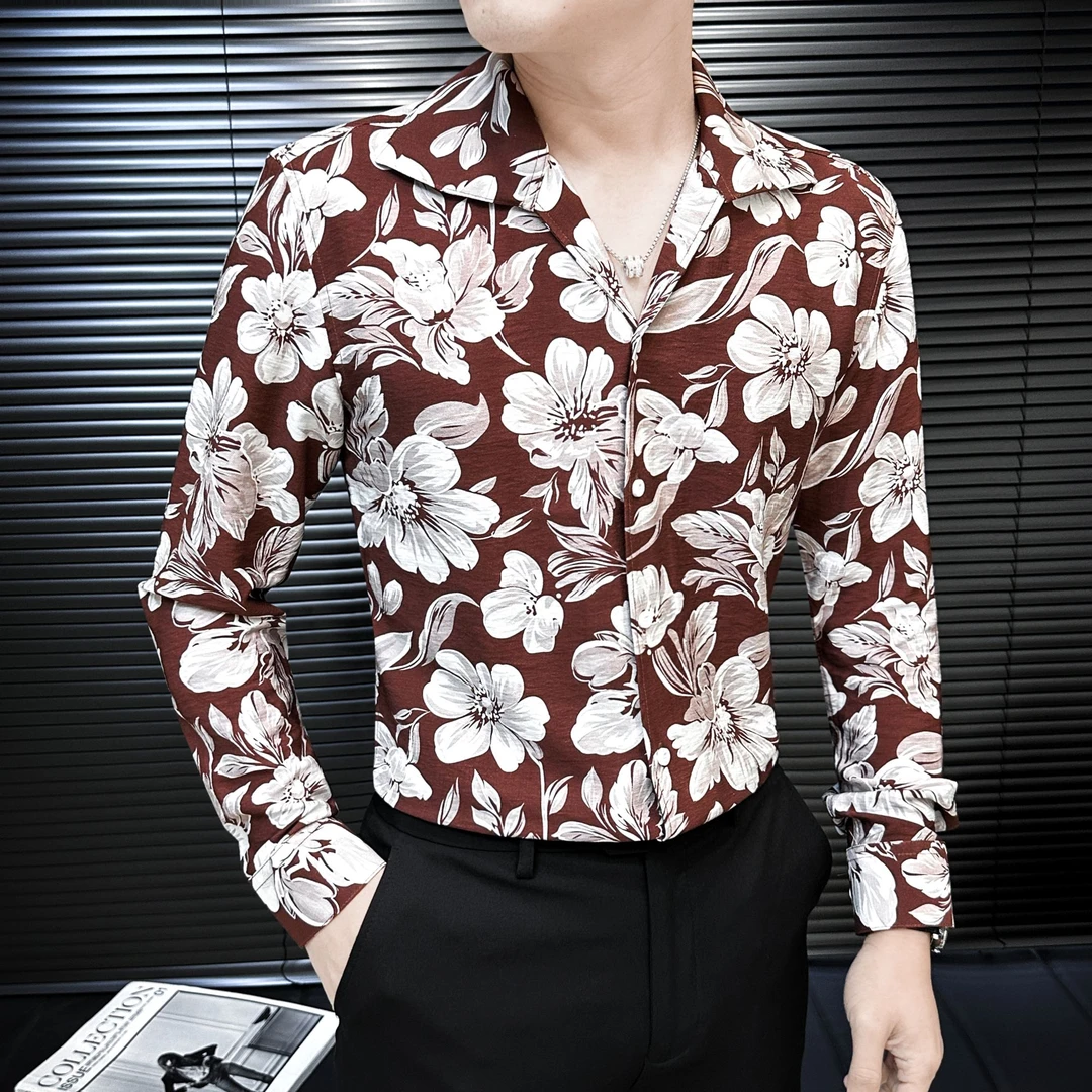 港风碎花衬衫男款长袖秋季新款休闲高级感能男装古巴领衬衣男上衣