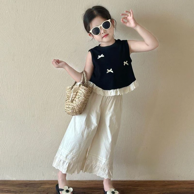 女童套装花边夏季2025新款儿童两件套洋气无袖蕾丝蝴蝶结百搭背心