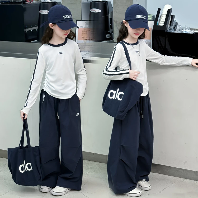 女童春秋高弹长袖T恤衫工装休闲裤两件套2025新款女孩时髦套装