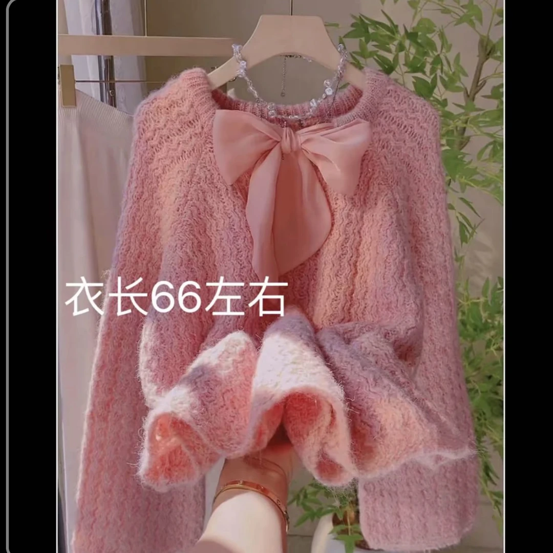 两面穿甜美蝴蝶结长袖毛衣针织衫女秋冬新款温柔风宽松百搭上衣