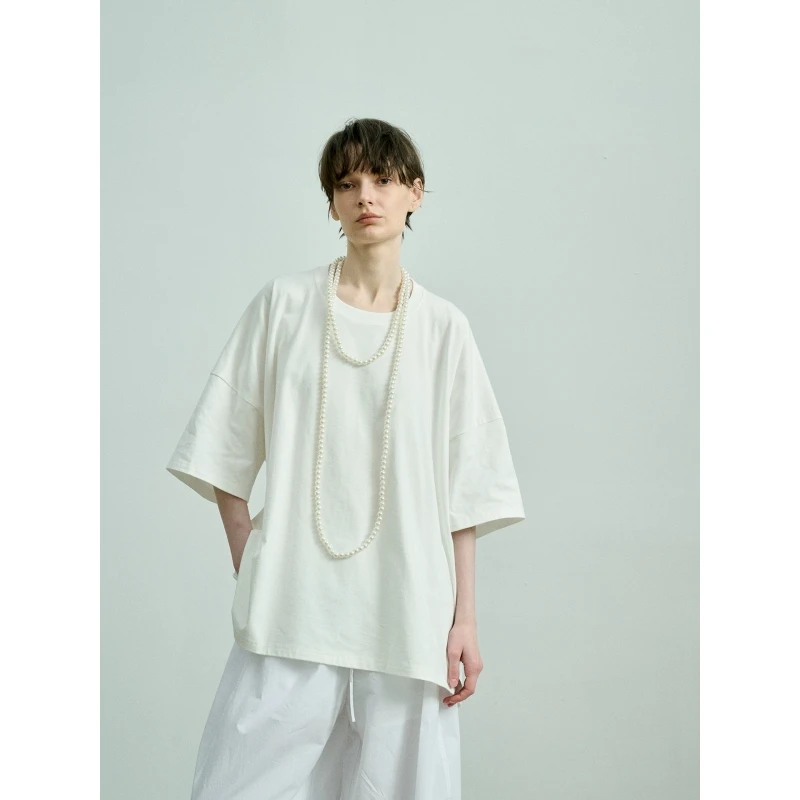 Ayuko｜重磅忝然荃棉 舒爽显瘦设计感简约圆领宽松廓形珍珠T恤0417