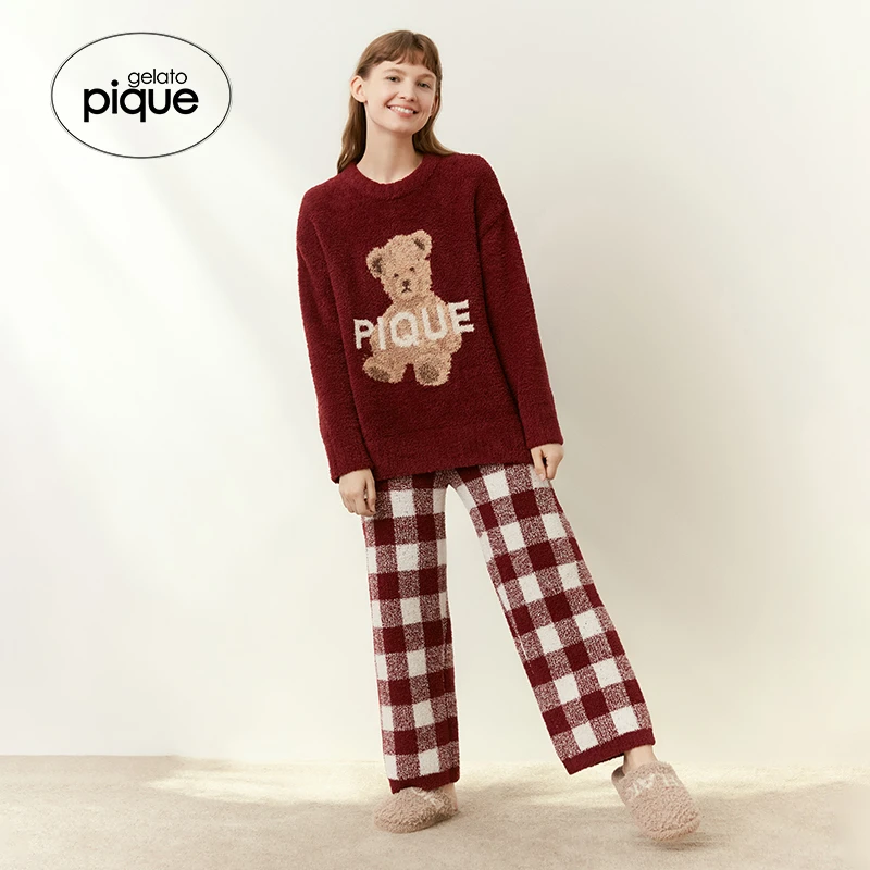 gelato pique25秋冬新品女睡衣套装小熊套头衫格纹长裤PWNT235088