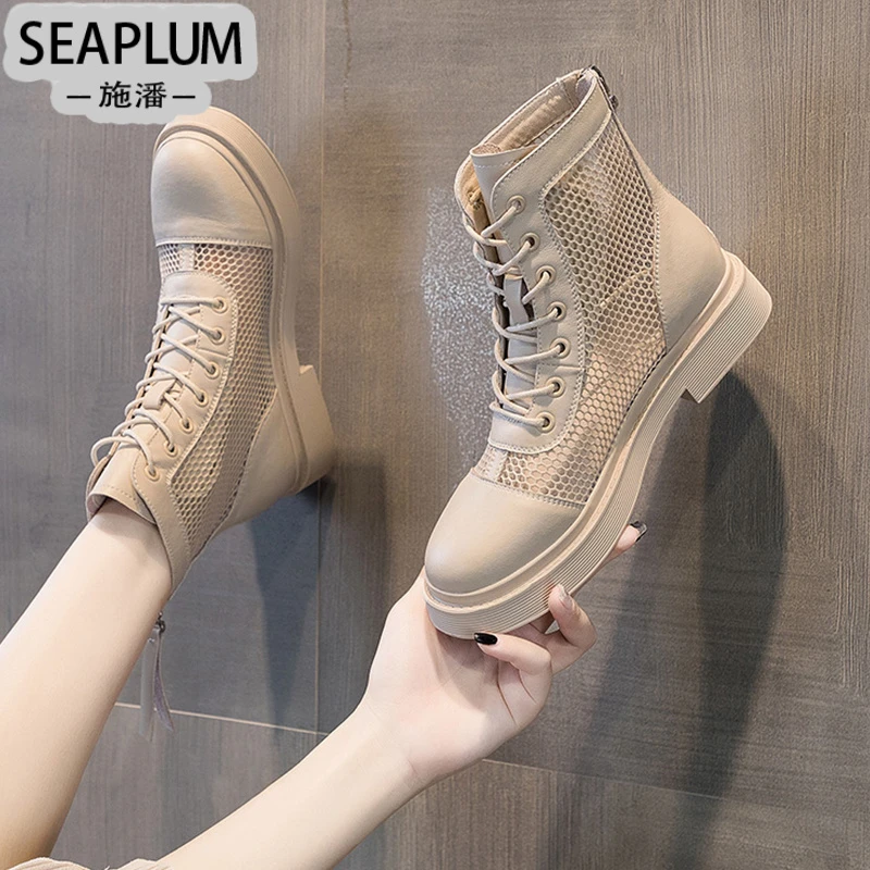 SEAPLUM真皮网格百搭网面凉靴女2025年夏季新款镂空靴子网纱鞋薄