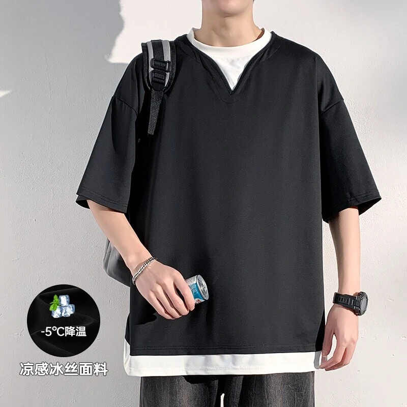 隐匿者T恤男2025夏季新款假两件V领短袖港风潮流百搭男士冰丝半袖