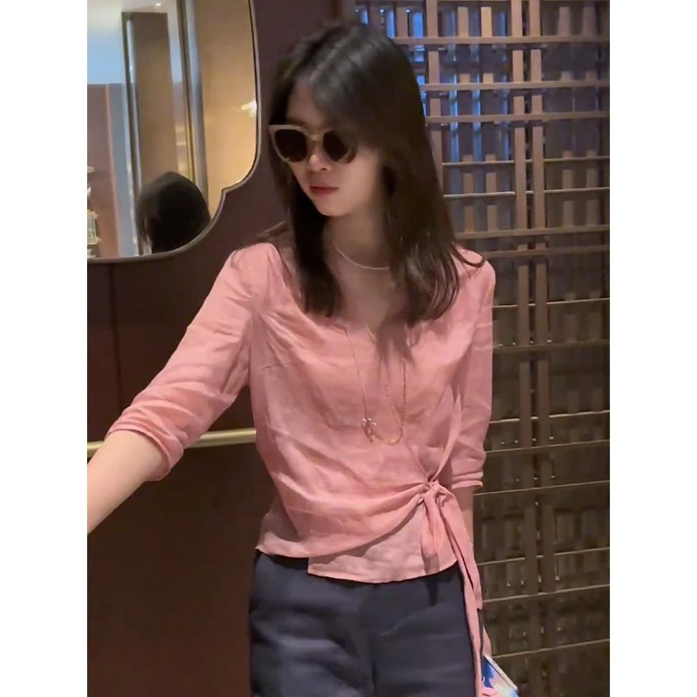 苎麻七分袖衬衫2025新款女夏季侧边绑带港风棉麻上衣女高端亚麻