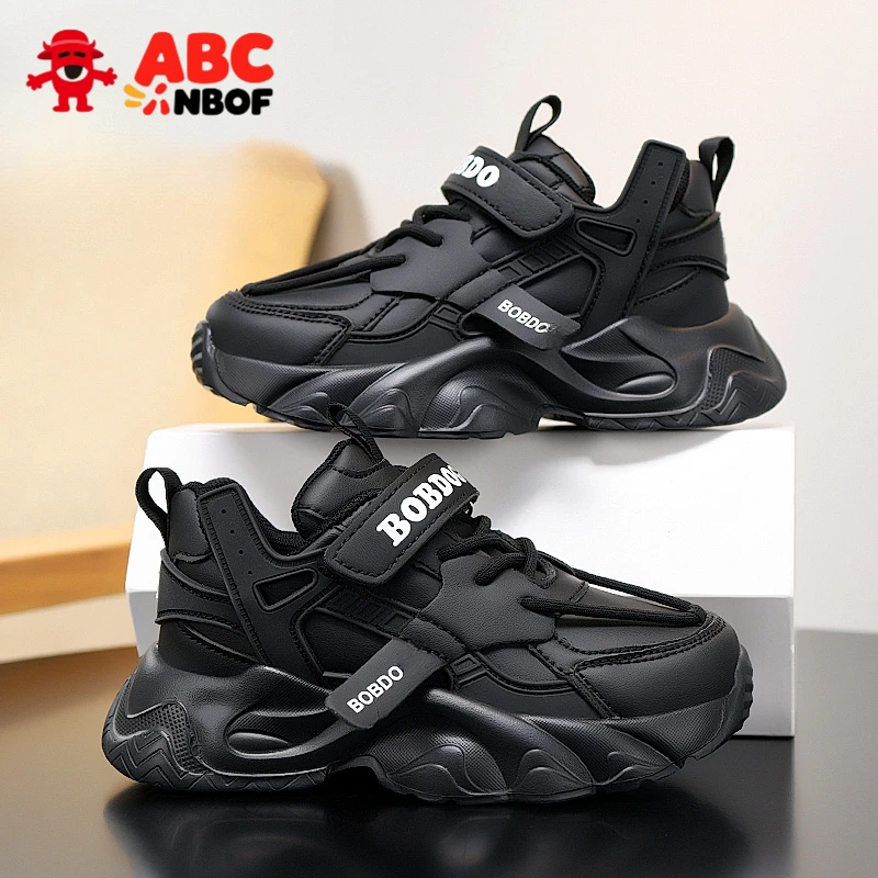 ABC NBOF儿童跑步鞋2025新款秋冬男孩子皮面防水软底女运动鞋黑色