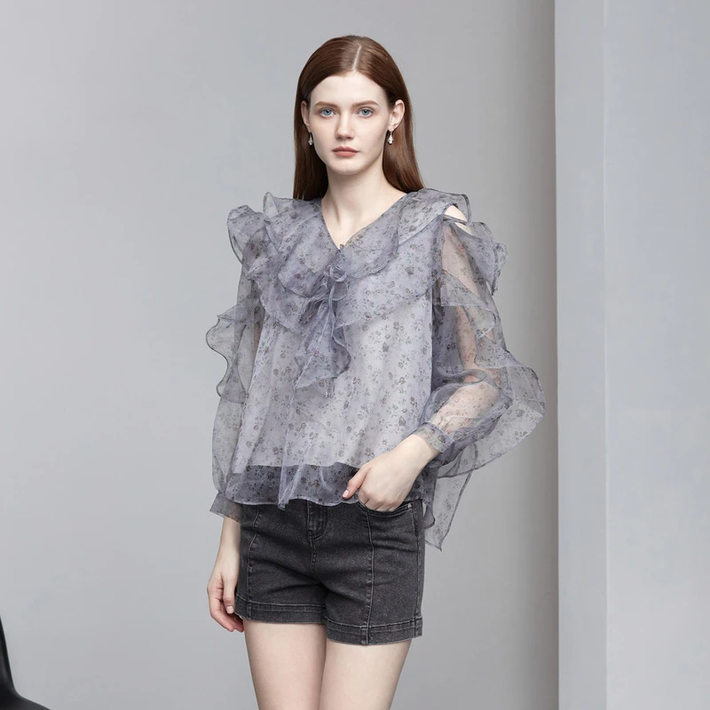 圣迪奥雪纺飘逸碎花上衣时尚气质小众长袖女衬衫S222Z0523