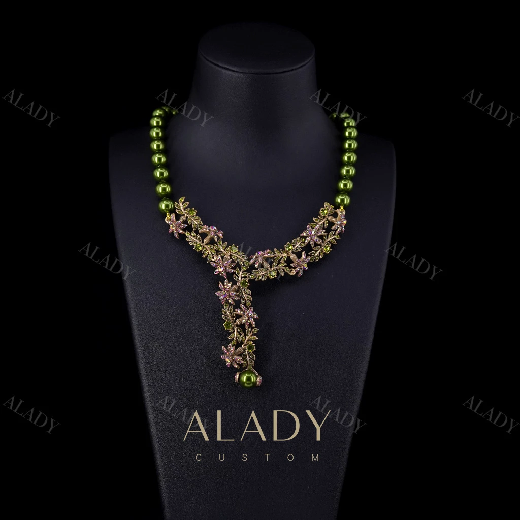 合金合成锆石项链 【金枝玉叶】绿色花朵珠珠气质高雅项链