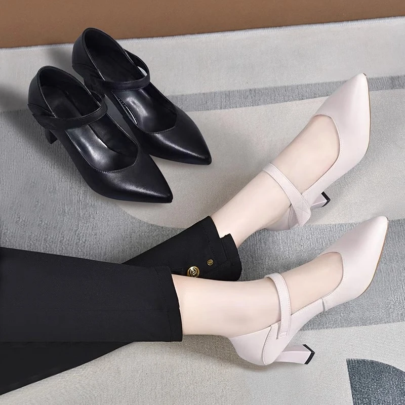 尖头高跟鞋细跟浅口气质女鞋2025新款春秋百搭通勤中跟软皮工作鞋