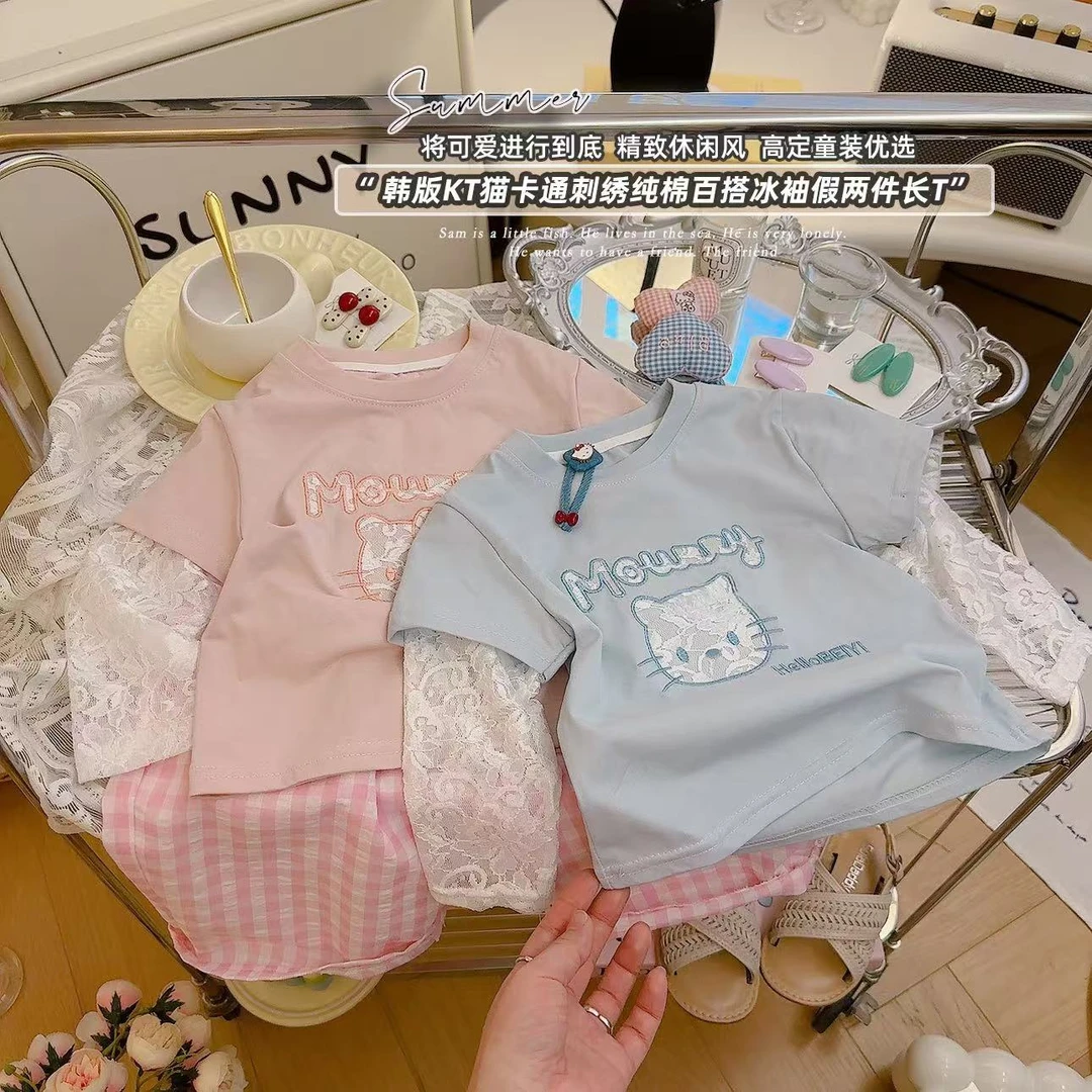 2025新款韩版女童猫咪卡通刺绣T桖百搭假两件时尚洋气春装