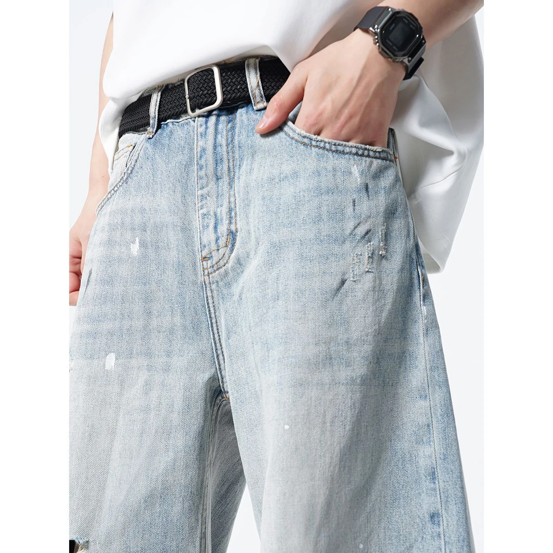 YKK高品质泼墨破洞裤男夏季新款美式潮流宽松弯刀长裤男士时尚潮