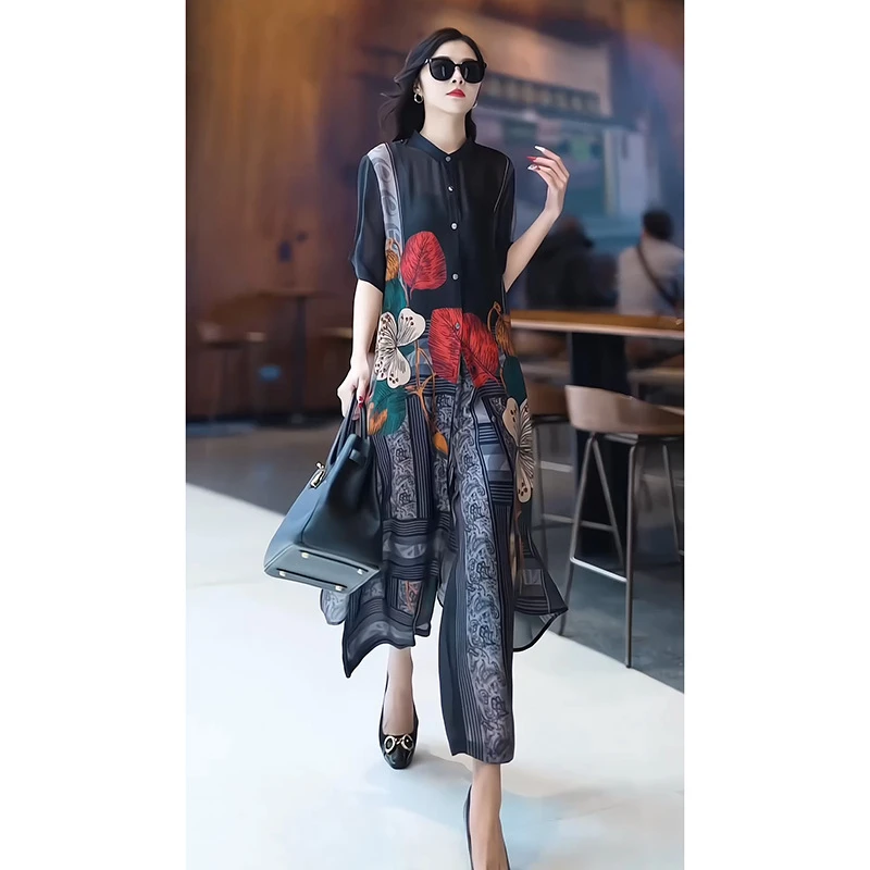 女套装25新款文艺复古印花女装时尚优雅开衫阔腿裤轻奢大码显瘦