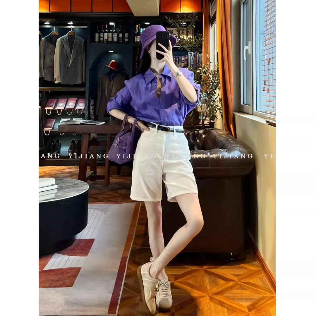 质感升级！扛皱白色五分牛仔短裤小众设计阔腿宽松款式夏季上新品