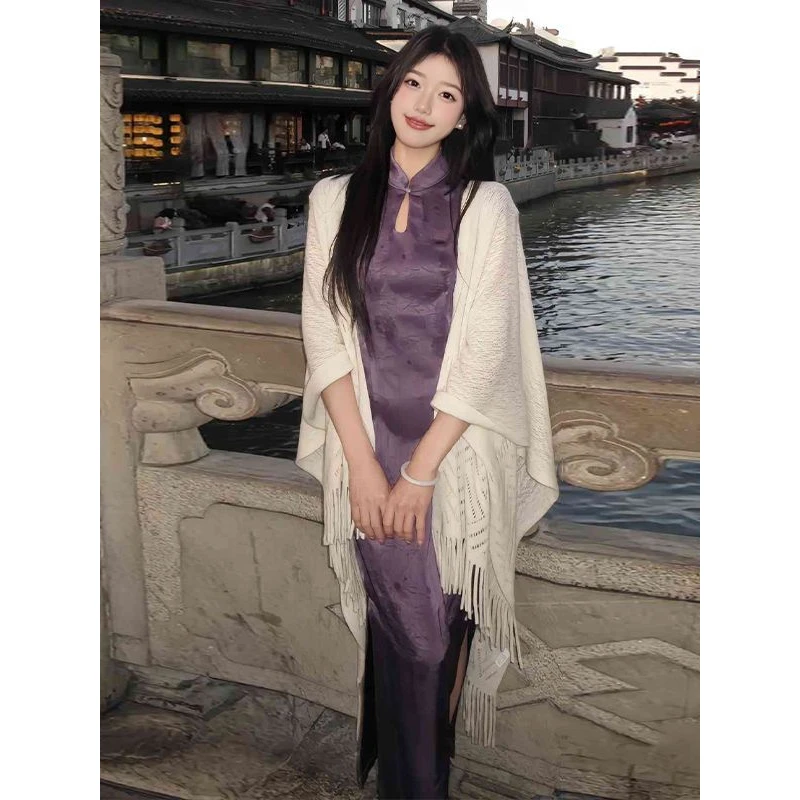 新中式国风紫色缎面碎花改良旗袍裙镂空暗纹收腰修身气质连衣裙夏