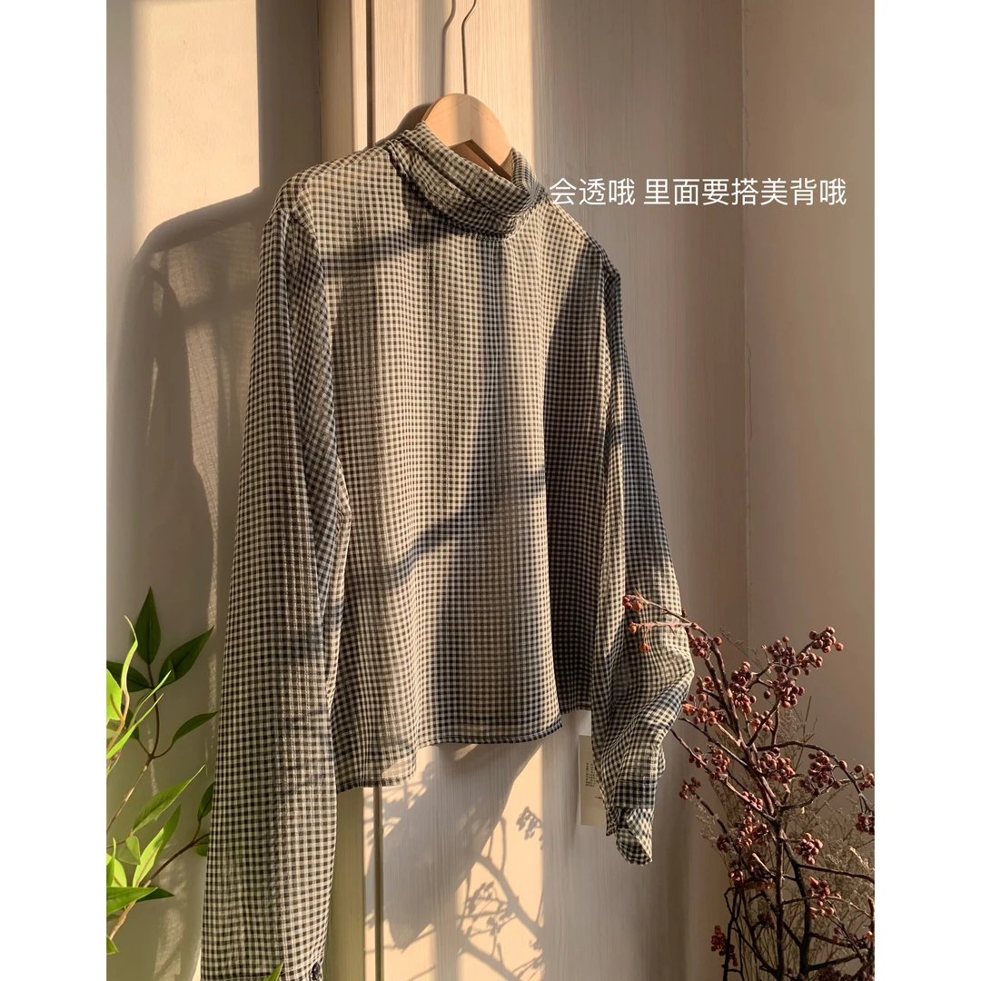 XEJ 韩系设计感简约系带细格子衬衫