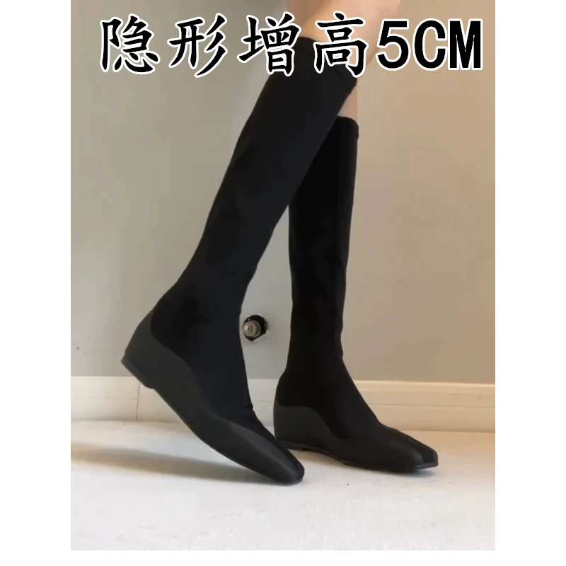 羊皮版~方头内增高弹力瘦瘦靴百搭气质复古袜靴黑色小个子长筒靴
