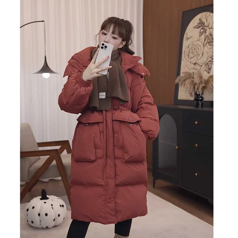 韩版显瘦羽绒服中长款气质手套款加厚连帽外套女冬季百搭收腰