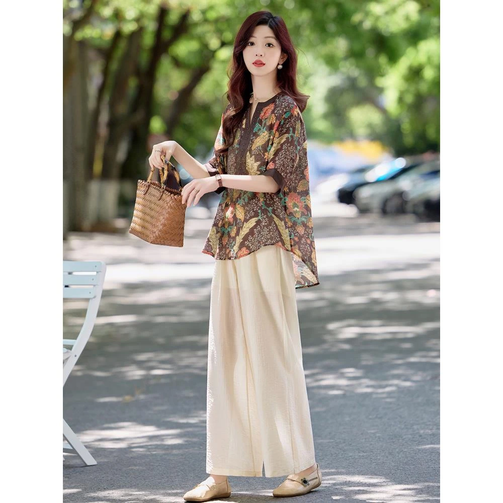 时尚休闲套装夏季新款女装印花短袖上衣阔腿裤三件套装