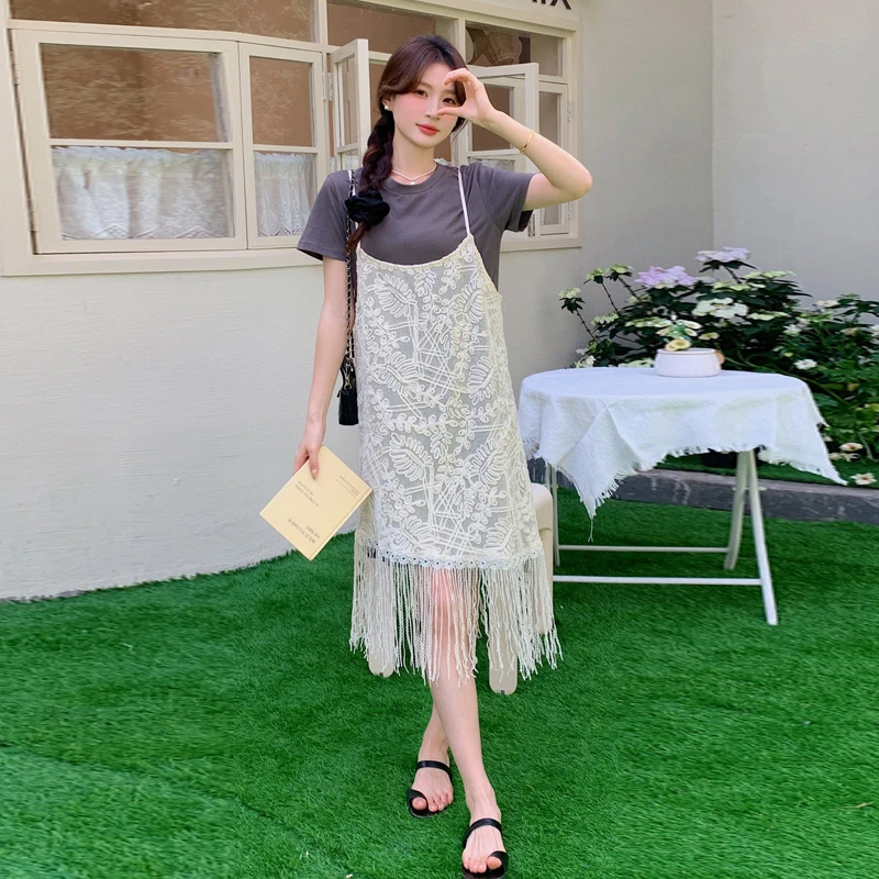 设计感蕾丝镂空流苏吊带连衣裙套装女2025夏气质时尚T恤裙两件套